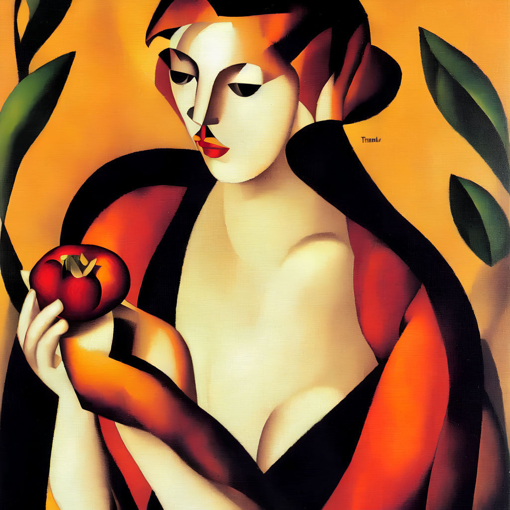 Stylized painting of woman with abstract features holding red apple