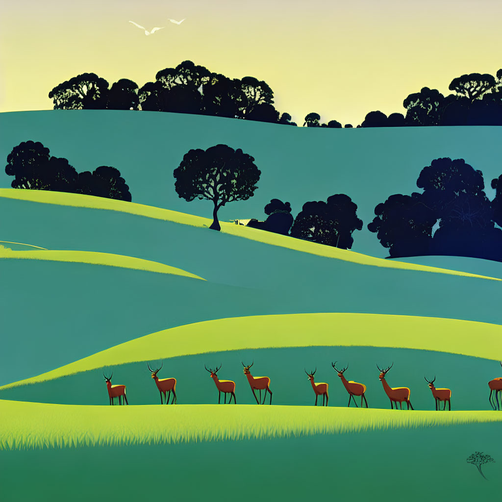 Stylized image of deer herd on green hills with trees and birds