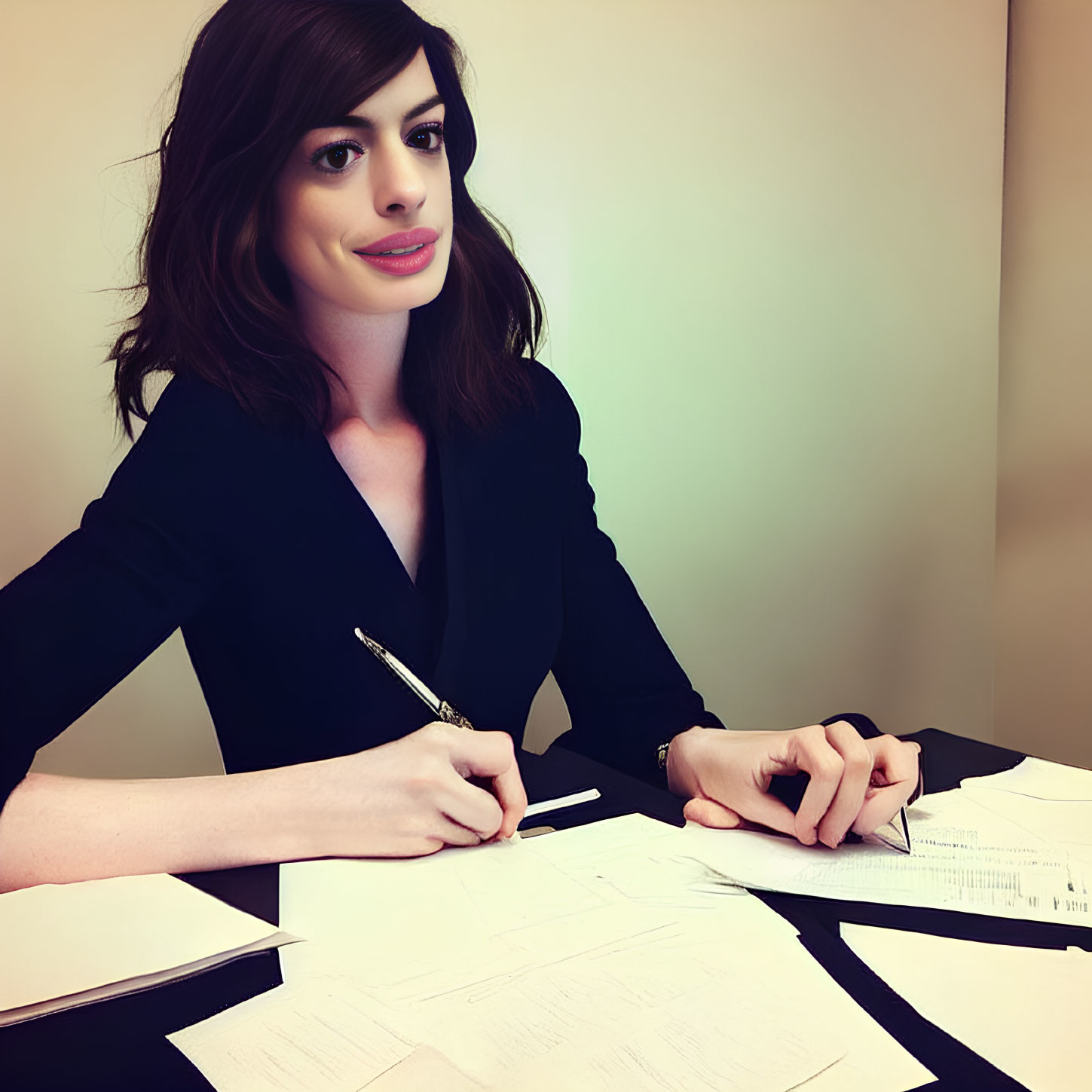 Professional woman in black blazer at desk with papers and pen