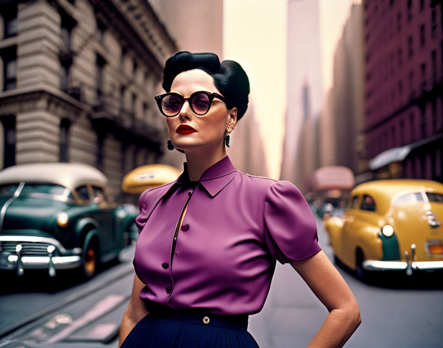 Vintage Attire Woman in Purple Blouse and Sunglasses on City Street