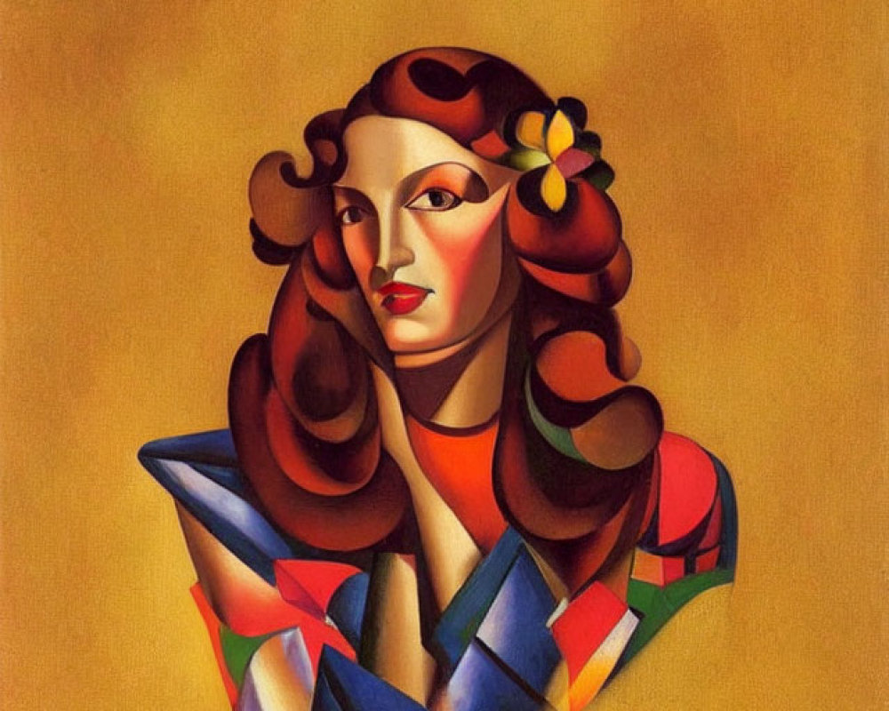 Colorful Cubist Portrait of Woman with Red Hair and Flower in Geometric Outfit