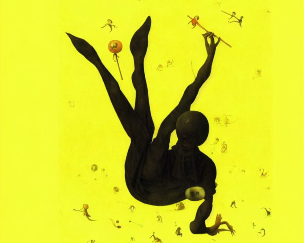 Upside Down Silhouetted Figure with Objects on Yellow Background