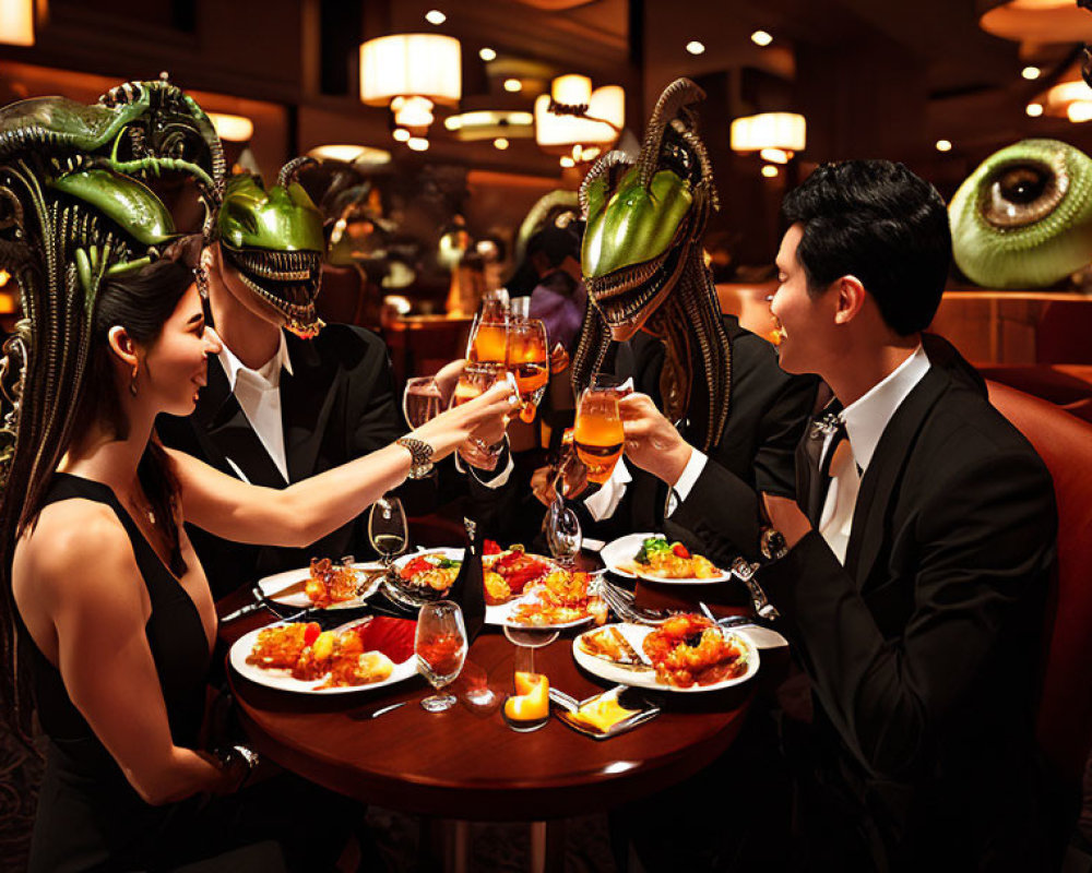 Formal Attired People Toasting Drinks with Alien Heads at Dining Table