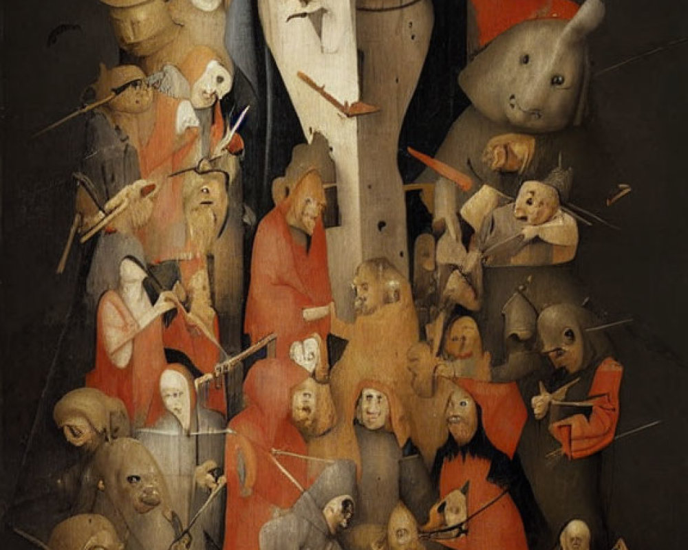 Surreal painting with anthropomorphic figures in red cloaks playing instruments