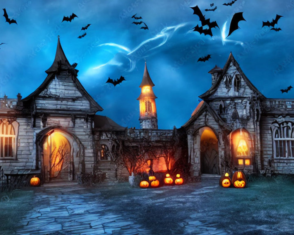 Gothic mansion with jack-o'-lanterns, bats, and eerie twilight ambiance