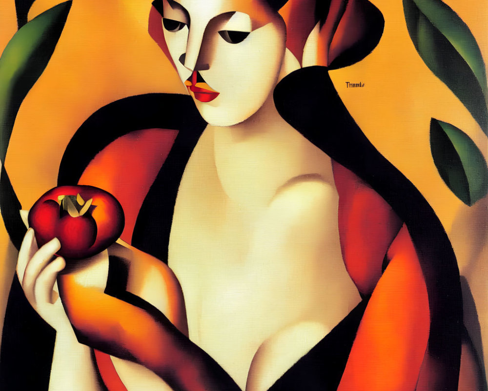 Stylized painting of woman with abstract features holding red apple