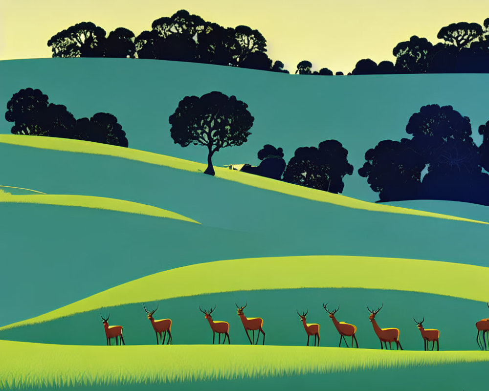 Stylized image of deer herd on green hills with trees and birds