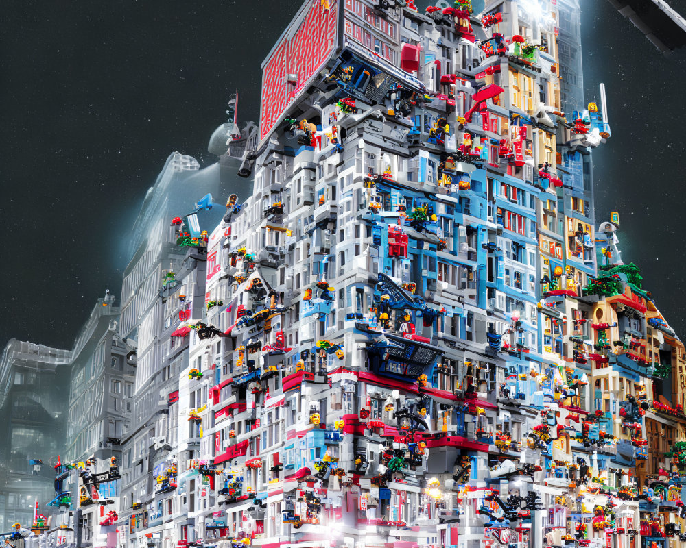 Colorful Lego City Night Scene with Vibrant Buildings and Starry Sky