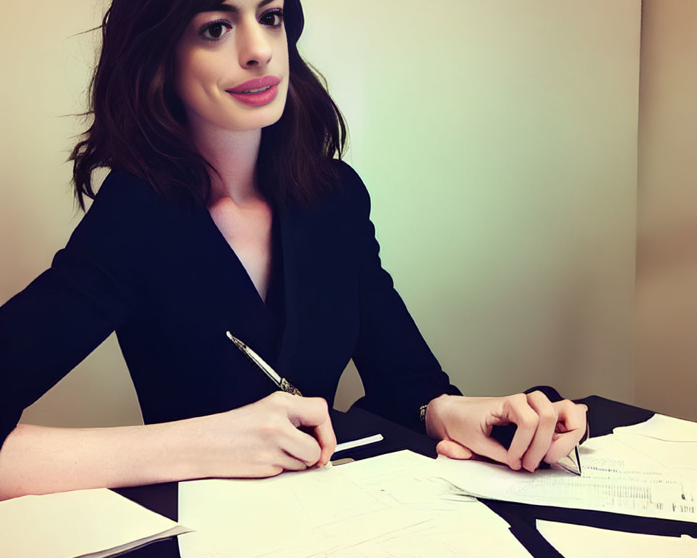 Professional woman in black blazer at desk with papers and pen