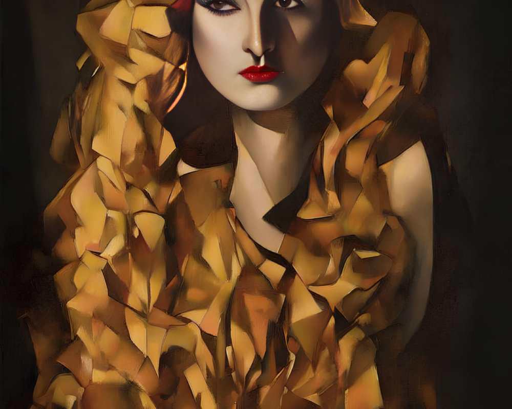 Vibrant red hair woman in golden yellow garment portrait