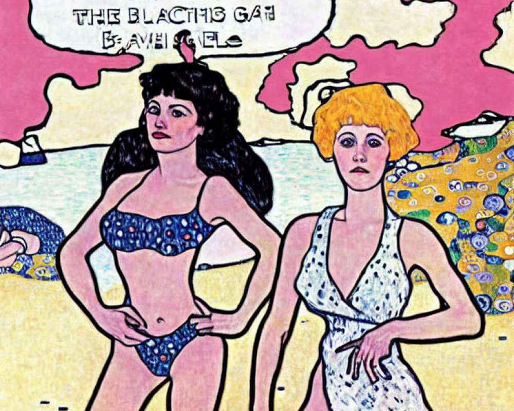 Vivid vintage illustration of two women in swimsuits with colorful background and abstract patterns