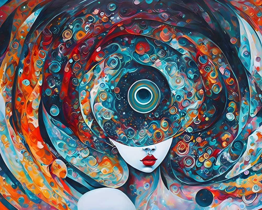 Colorful abstract artwork: Female figure with cosmic swirls and shapes