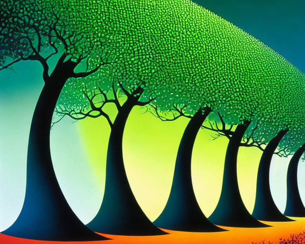 Colorful stylized painting of arched trees with curving trunks in green, yellow, and