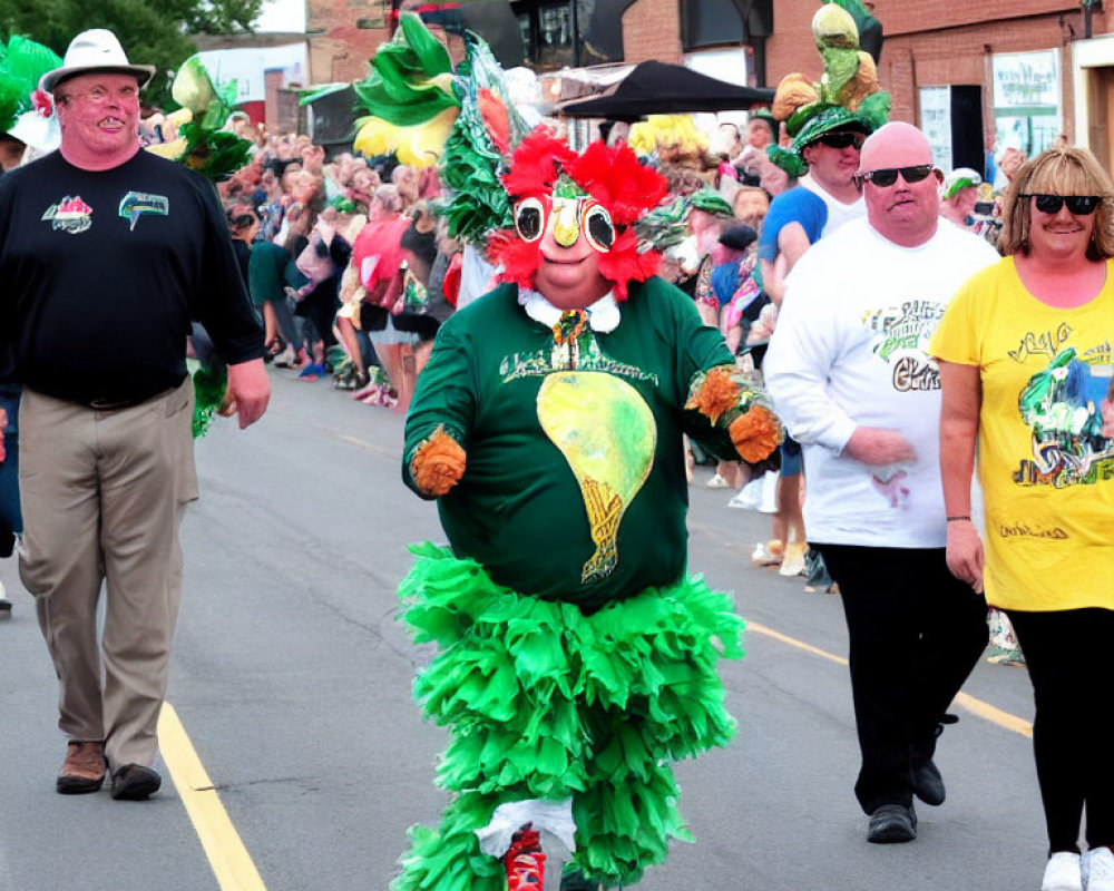 Colorful bird-like costume parade with green feathers and margarita glass.