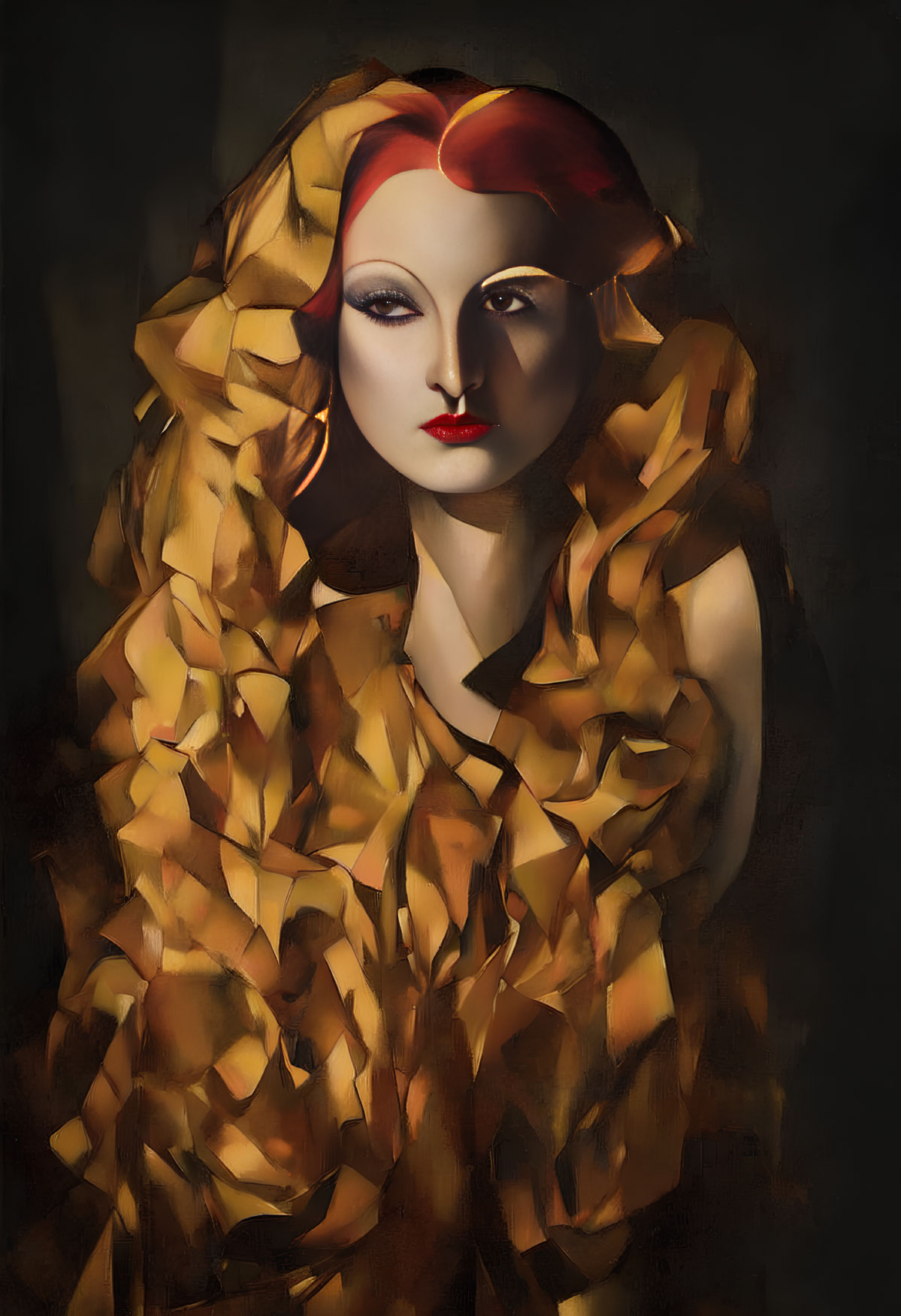 Vibrant red hair woman in golden yellow garment portrait