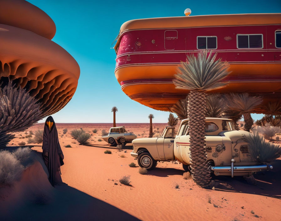 Surreal desert landscape with vintage bus dwelling, mushroom structures, classic car