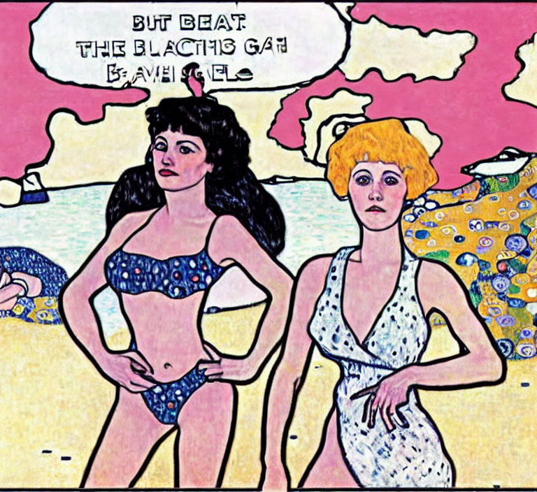 Vivid vintage illustration of two women in swimsuits with colorful background and abstract patterns