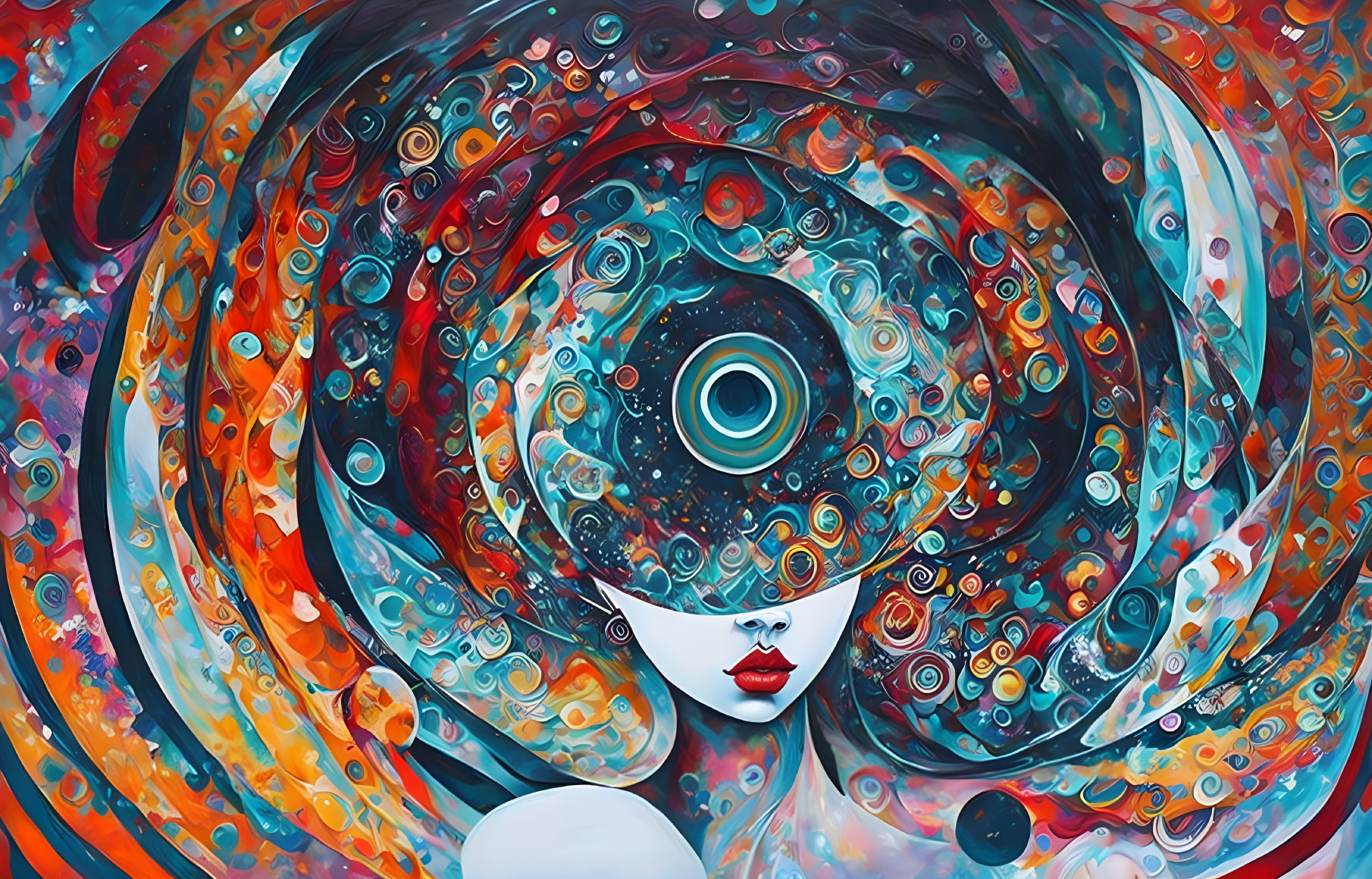 Colorful abstract artwork: Female figure with cosmic swirls and shapes