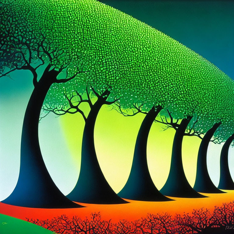 Colorful stylized painting of arched trees with curving trunks in green, yellow, and