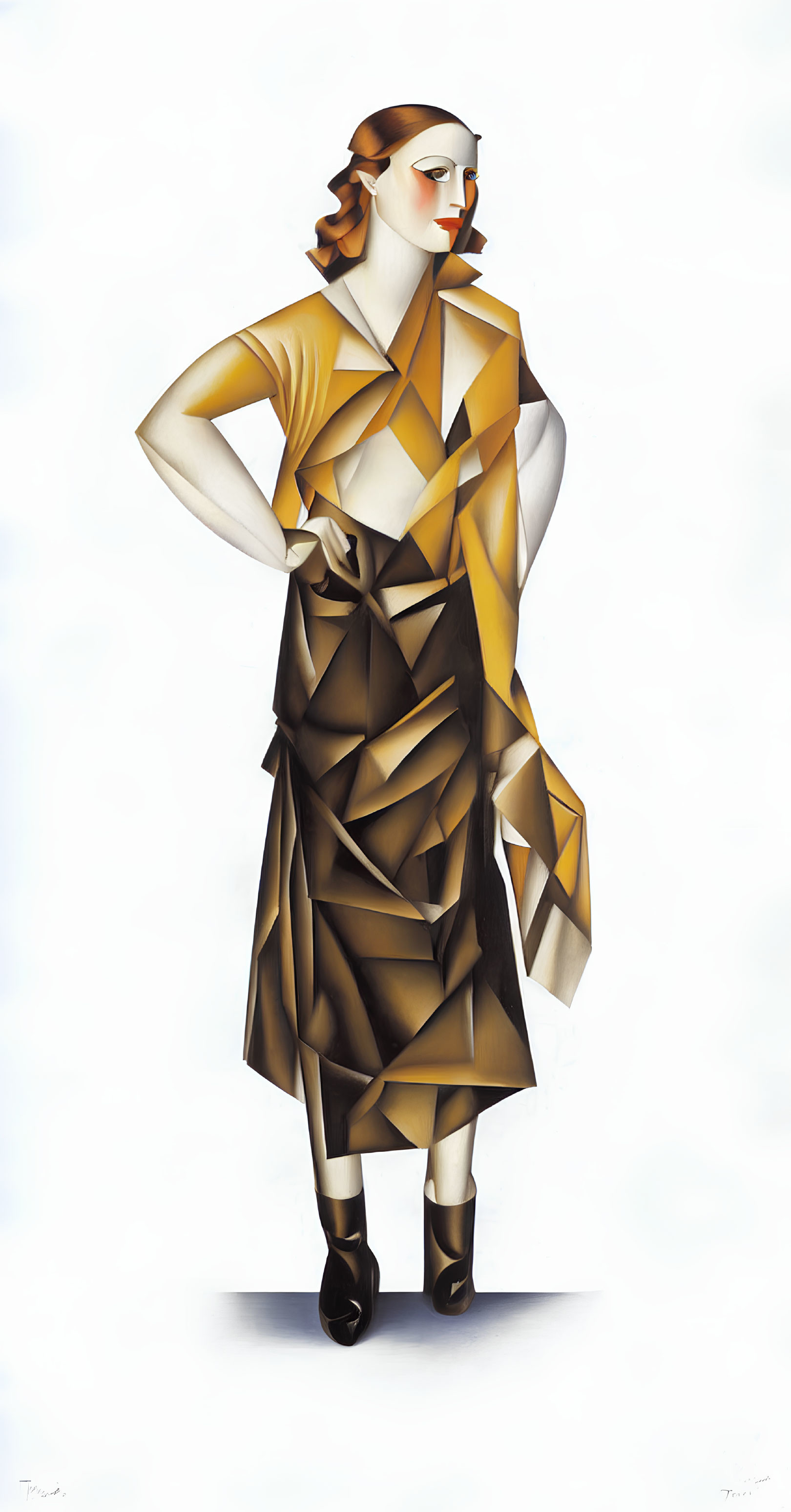 Stylized cubist design of woman in brown and beige, black shoes, on white background