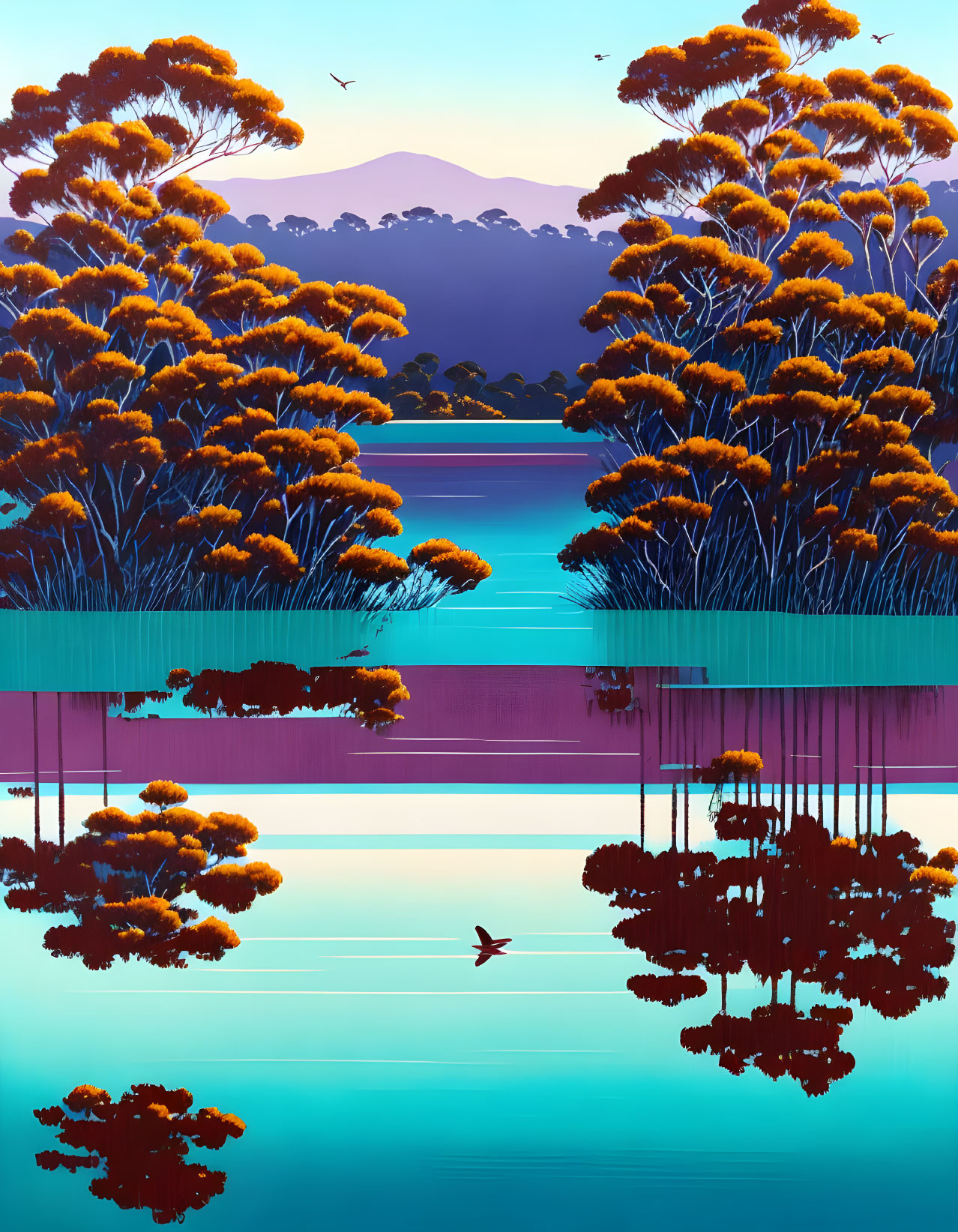 Tranquil Twilight Scene: Orange Trees, Blue Water, Birds