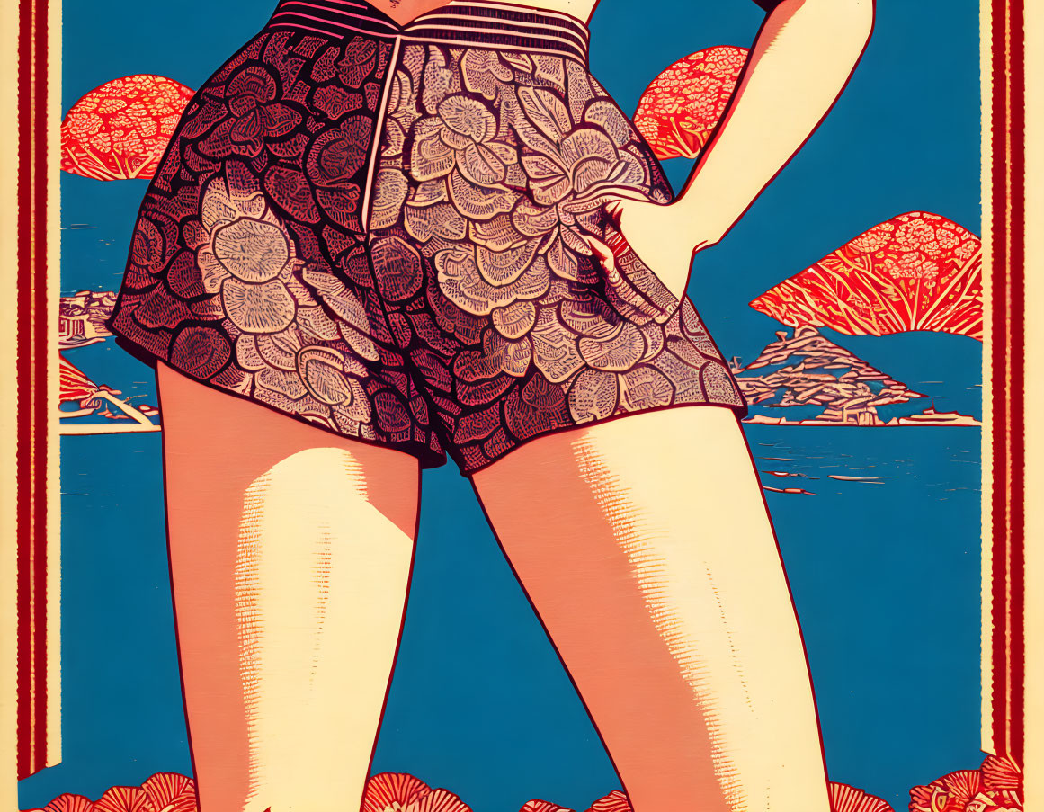 Vintage-style travel poster with person in patterned shorts overlooking mountains and sea