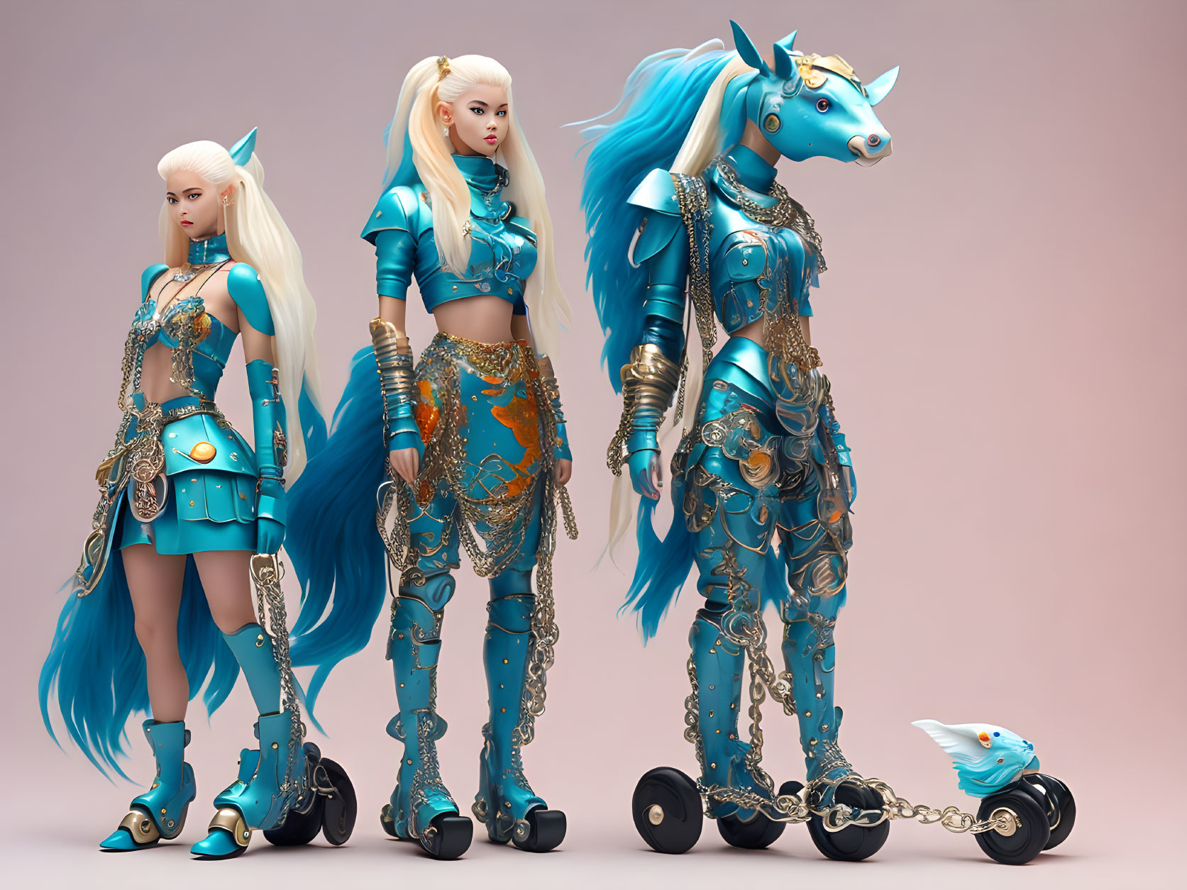 Stylized female figures in blue hair and aqua armor with mechanical horse and bird on wheels against