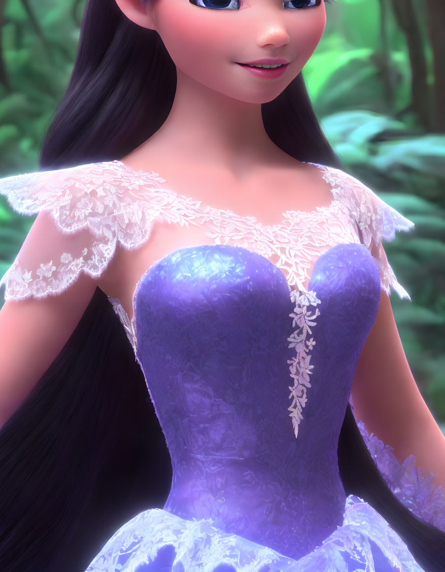 Smiling animated character in purple ball gown with dark hair