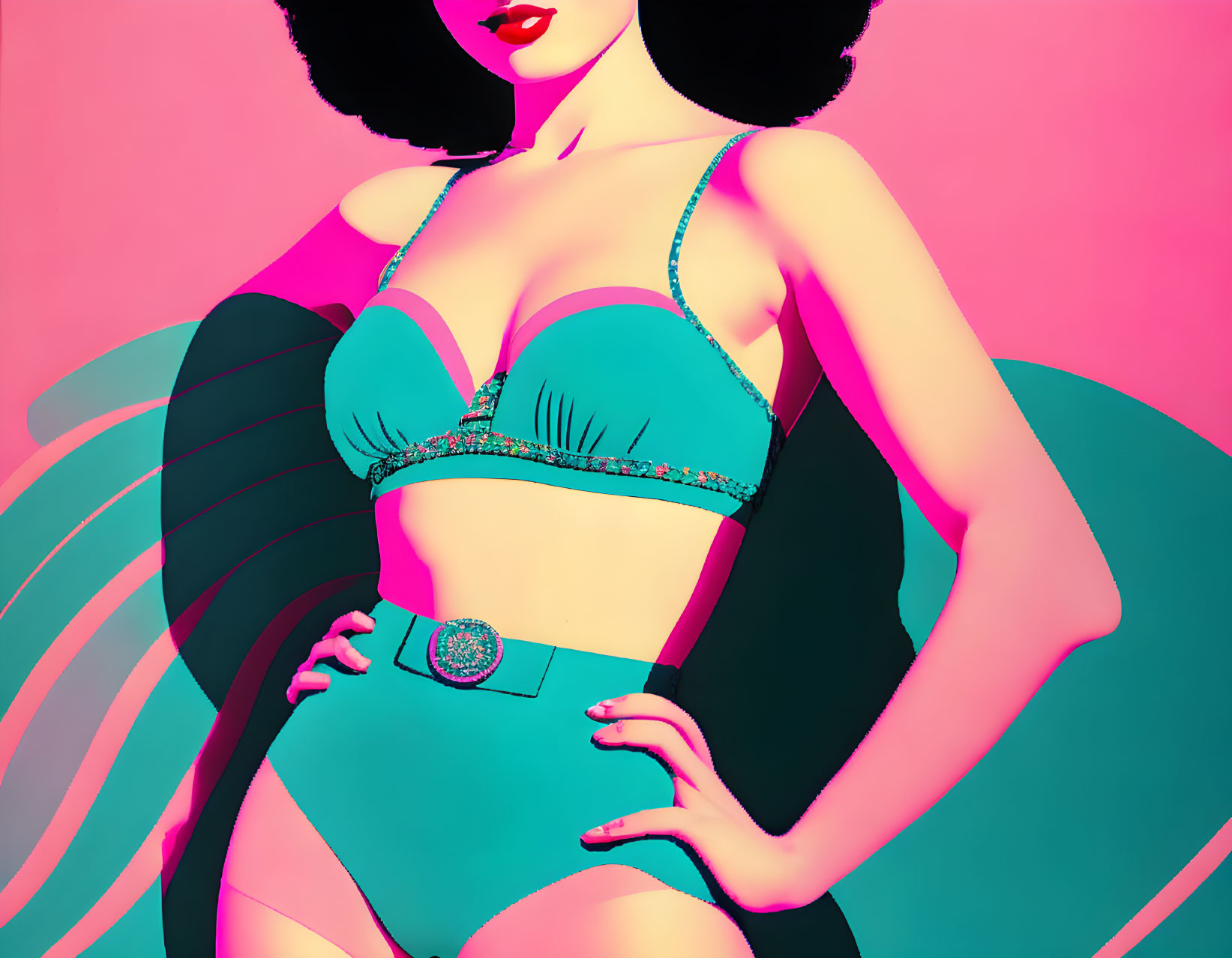 Stylized retro woman in turquoise bikini on pink background