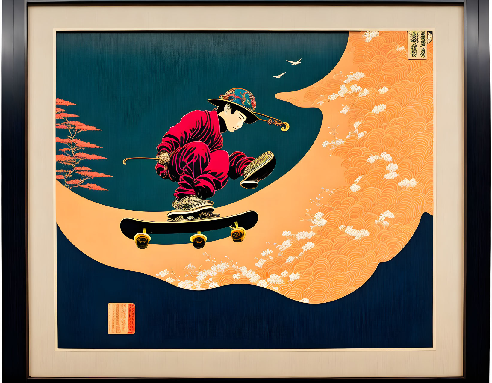 Traditional Japanese art meets modern skateboarding in a unique fusion piece.