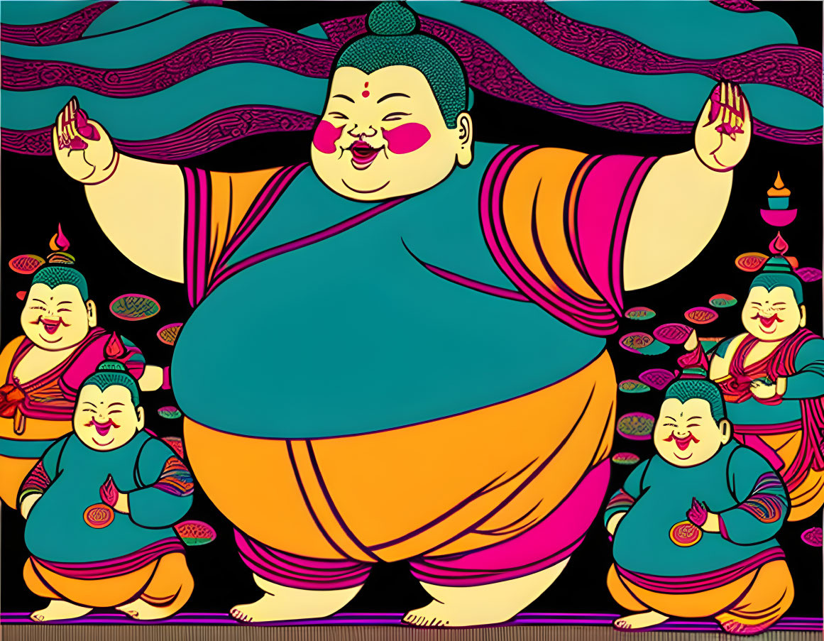 Vibrant Buddhist monks caricatured in traditional attire on dark background