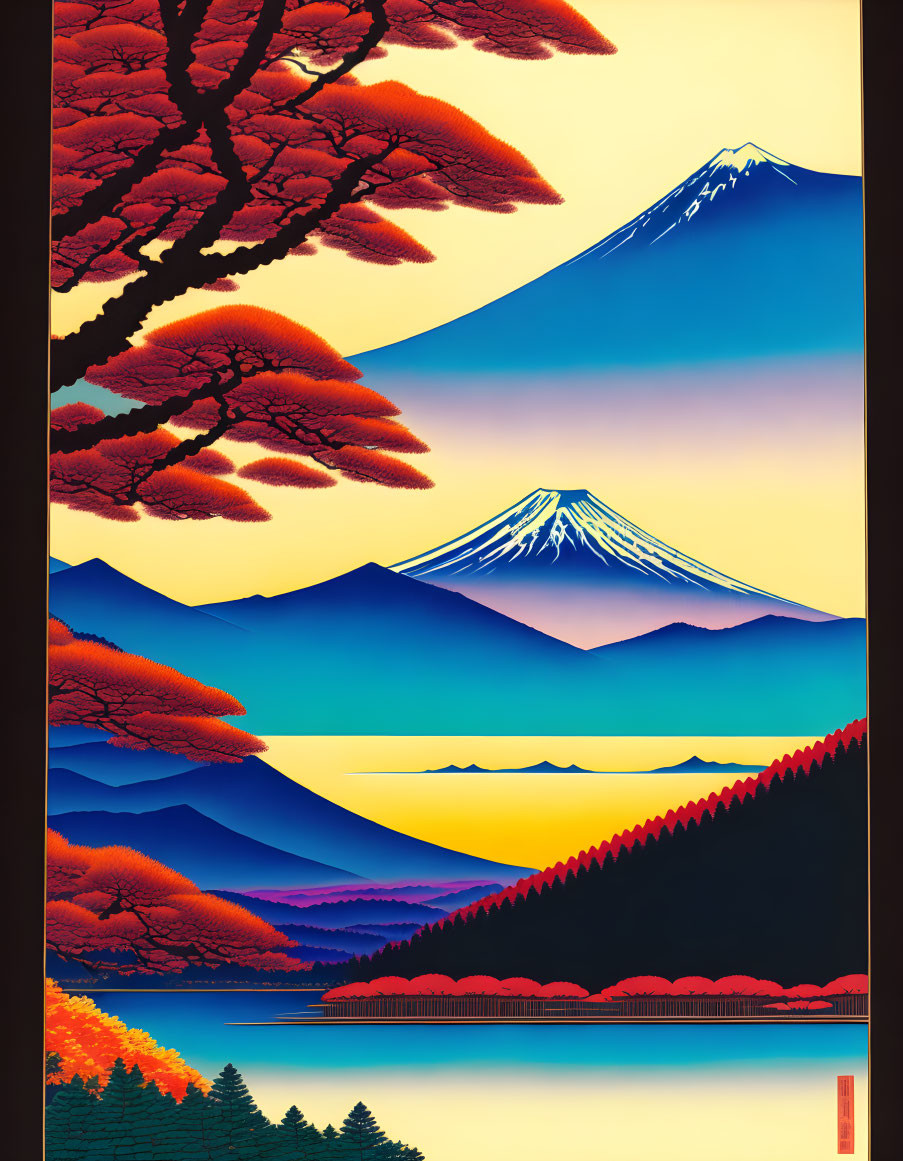 Colorful mountain landscape with snowy peaks and vibrant sky over dark foliage