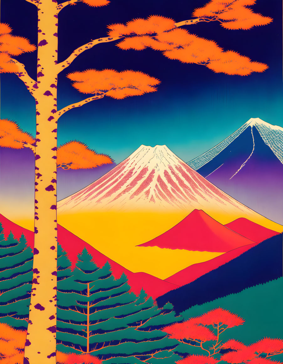 Colorful Mount Fuji illustration with stylized tree and geometric patterns