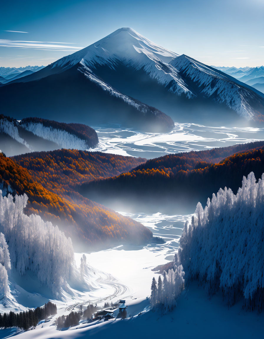 Snow-capped mountain peak, frozen river, autumn forests, and frost-covered trees in landscape.