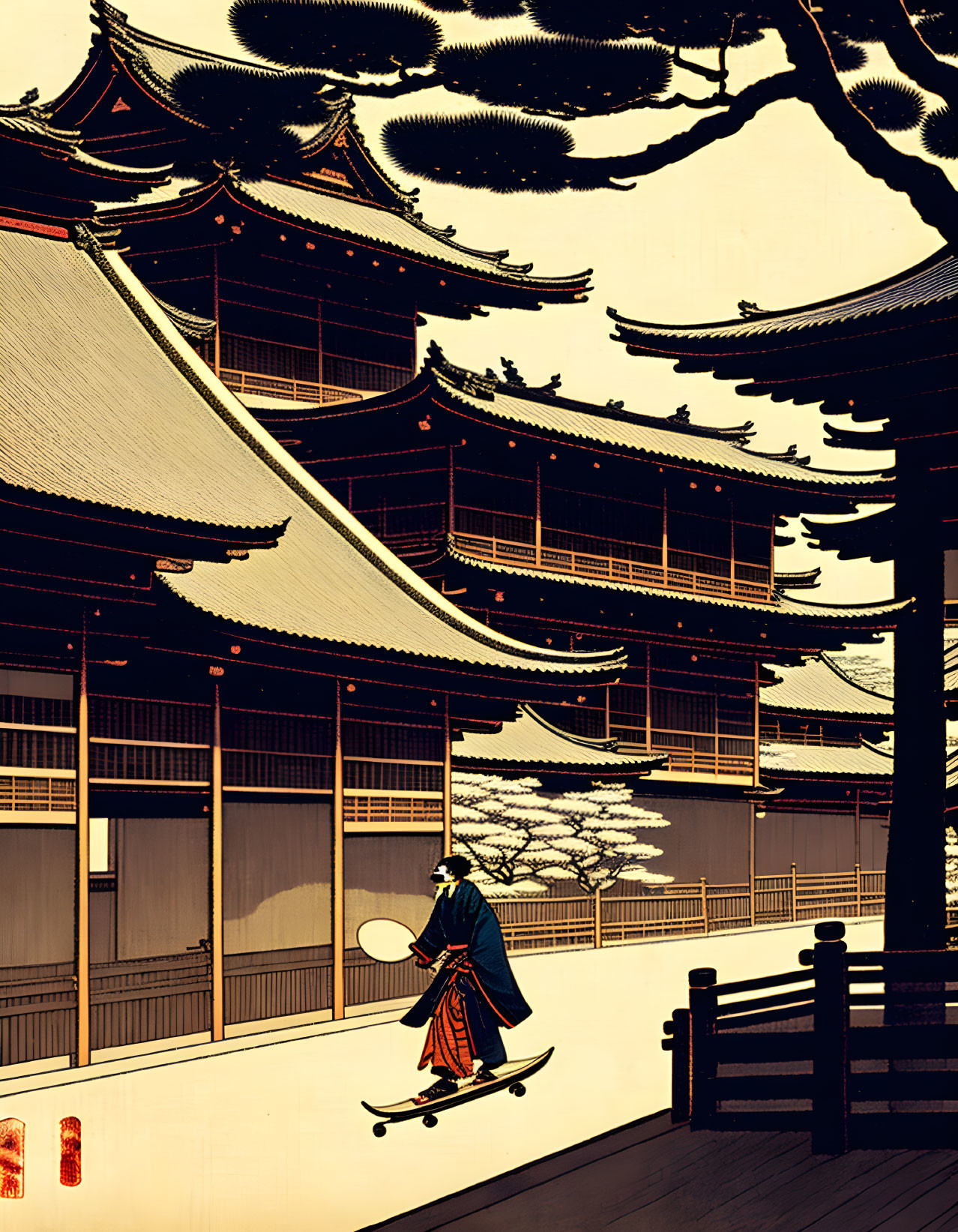 Skateboarding illustration by Japanese pagoda with warm colors