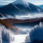 Snow-capped mountain peak, frozen river, autumn forests, and frost-covered trees in landscape.