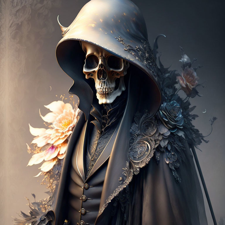 Digital illustration: Skeletal figure in renaissance attire with wide-brimmed hat, surrounded by flowers