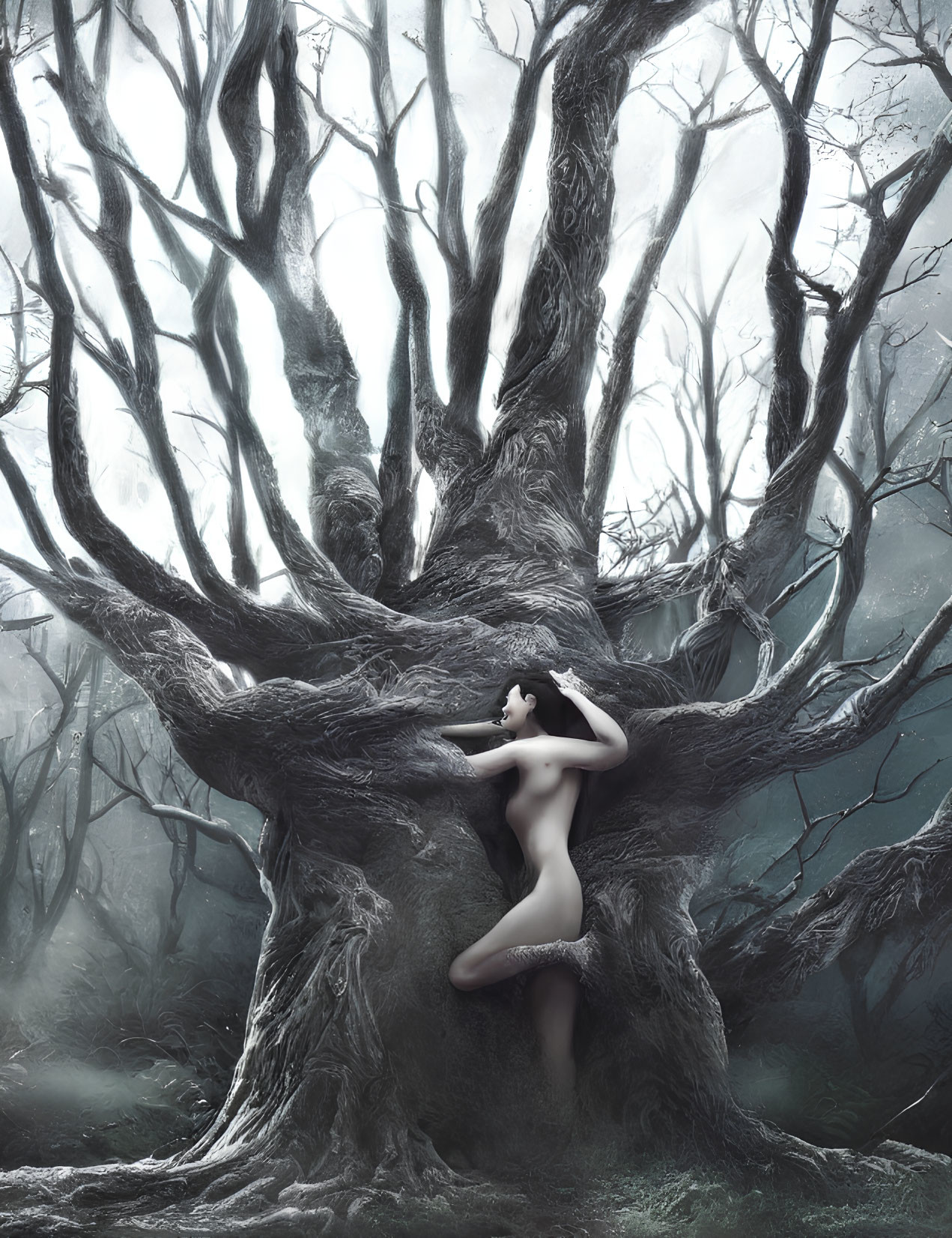 Person entwined in gnarled tree branches in foggy forest