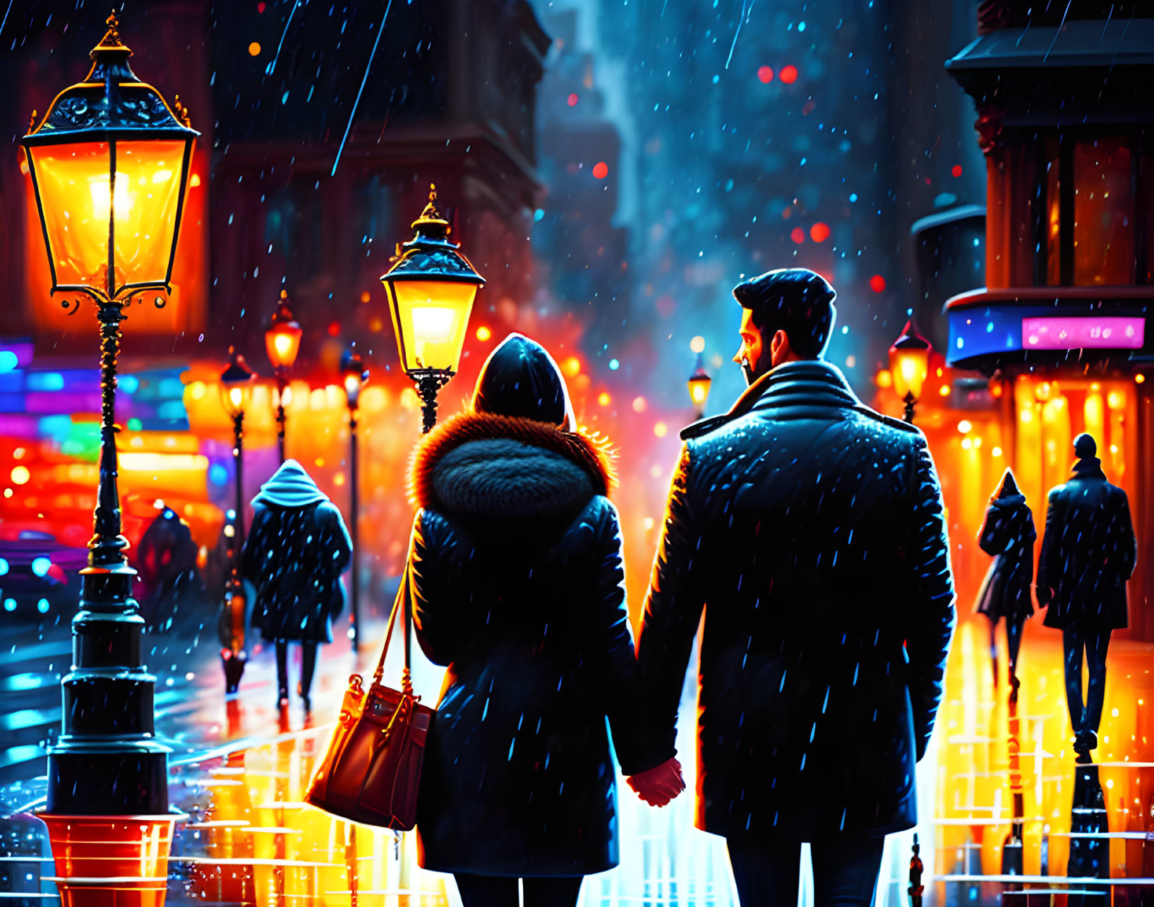 Couple walking hand in hand in rainy urban streetscape at night