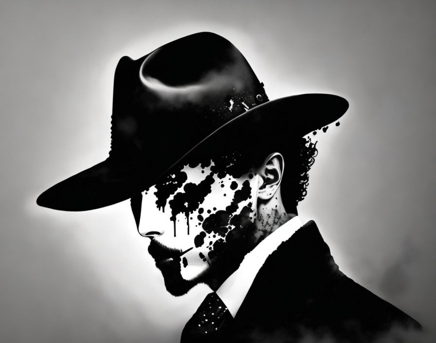 Man in Hat Silhouette with Disintegrating Face on Monochrome Background