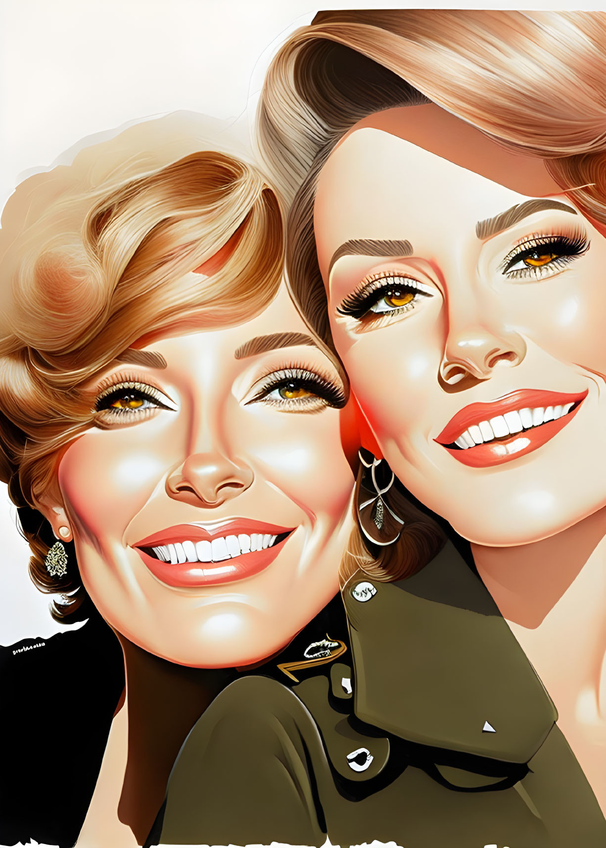 Stylized illustration of two women with glamorous makeup and hairstyles