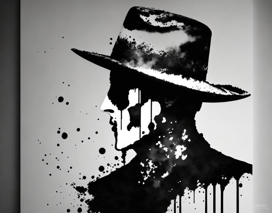 Monochrome silhouette of a man in a hat with paint splatters