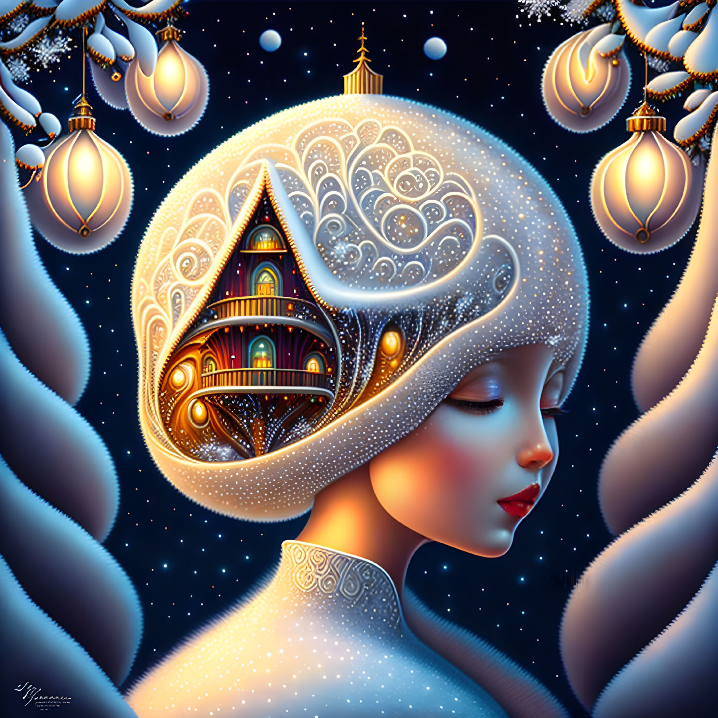 Surreal woman illustration with ornate brain building and lanterns