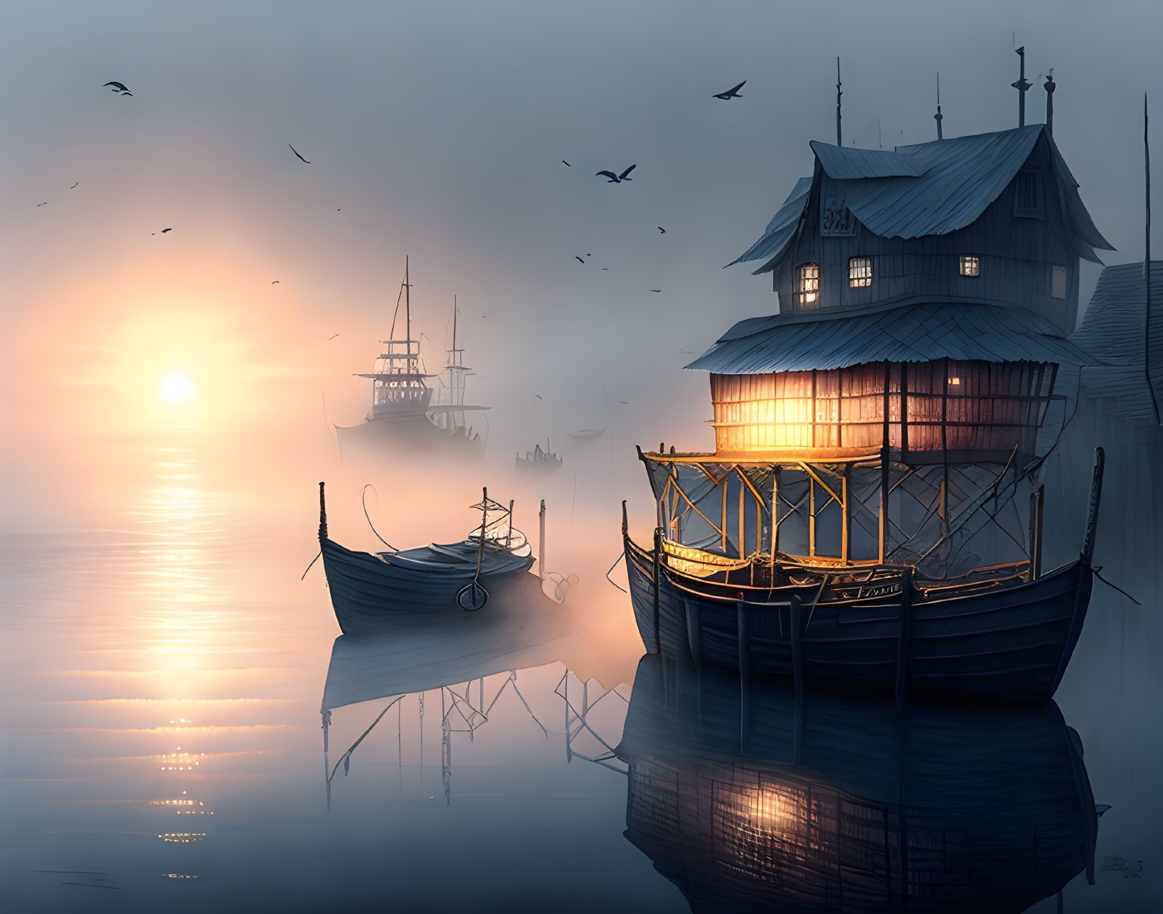 Tranquil digital art: misty harbor at sunset, large boat in foreground, distant ship silhouette