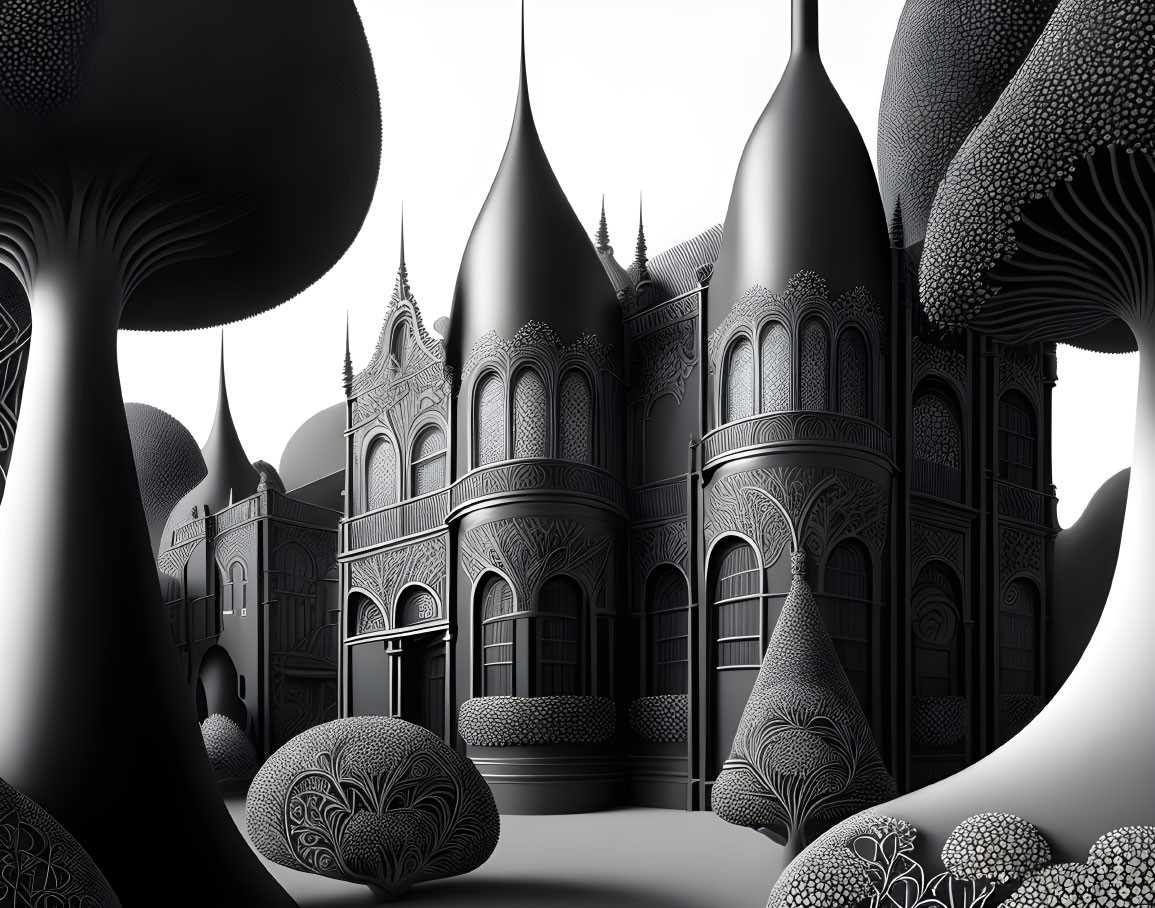 Monochrome fantasy landscape with gothic castle and stylized trees