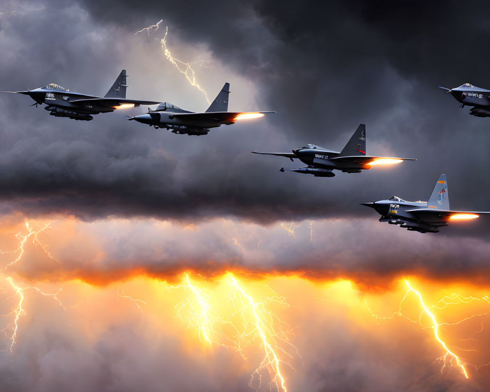 Formation of Fighter Jets Amidst Lightning Strikes and Stormy Sky