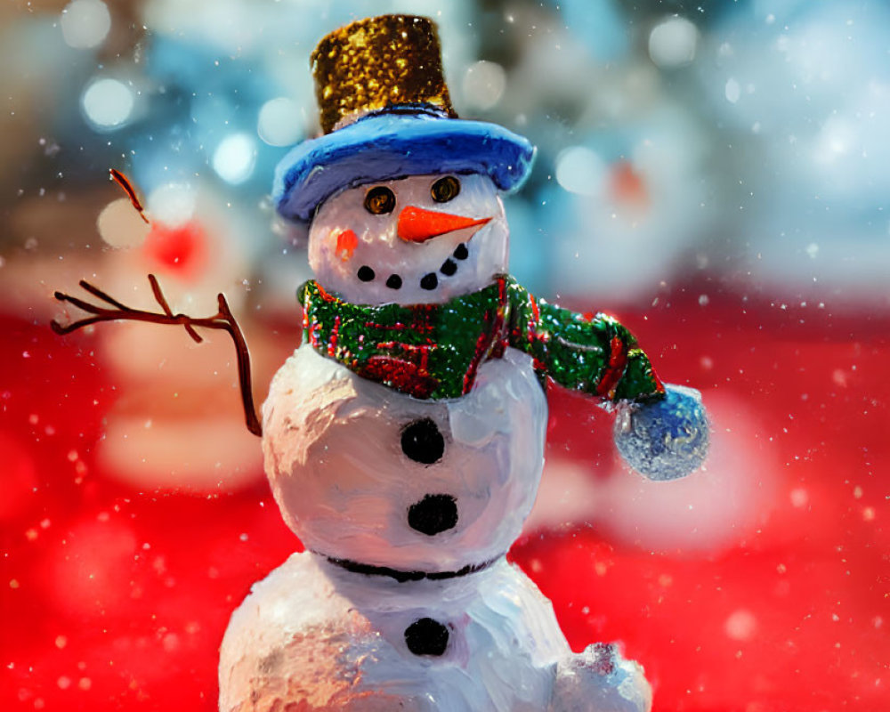 Snowman with Top Hat and Scarf on Red Surface