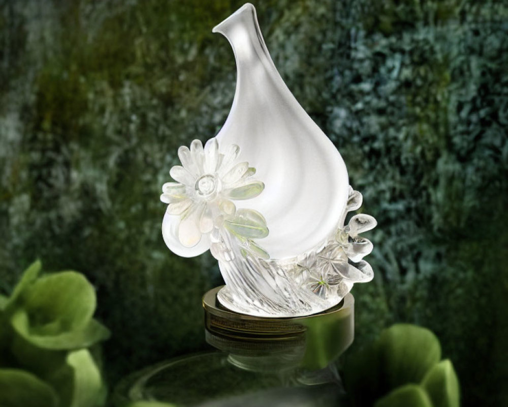 Translucent glass sculpture of flame or teardrop with floral accents on green backdrop