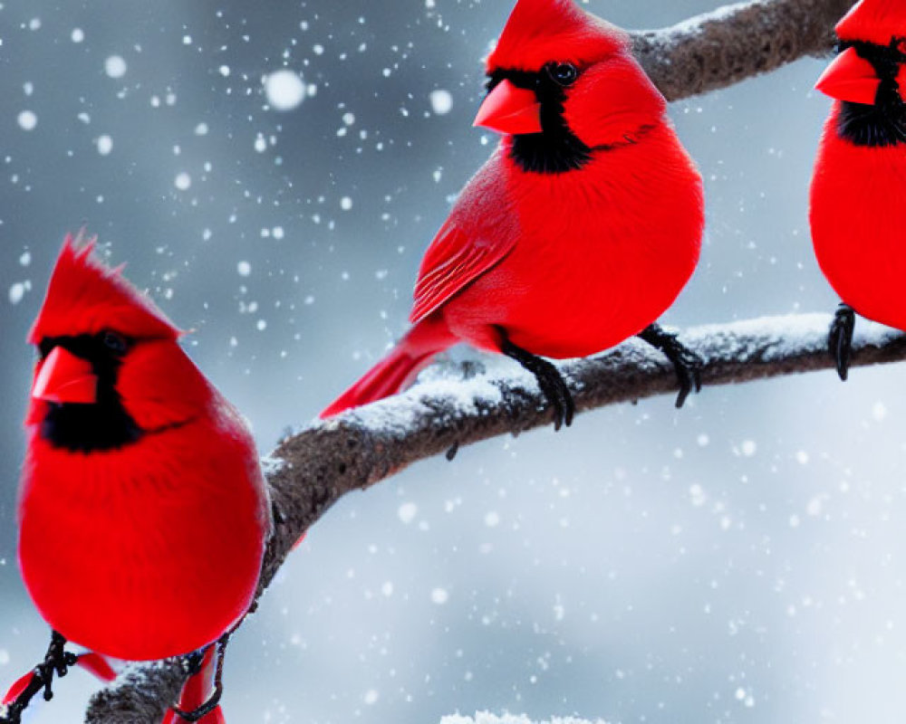 Vibrant red cardinals on snowy branch with falling snowflakes