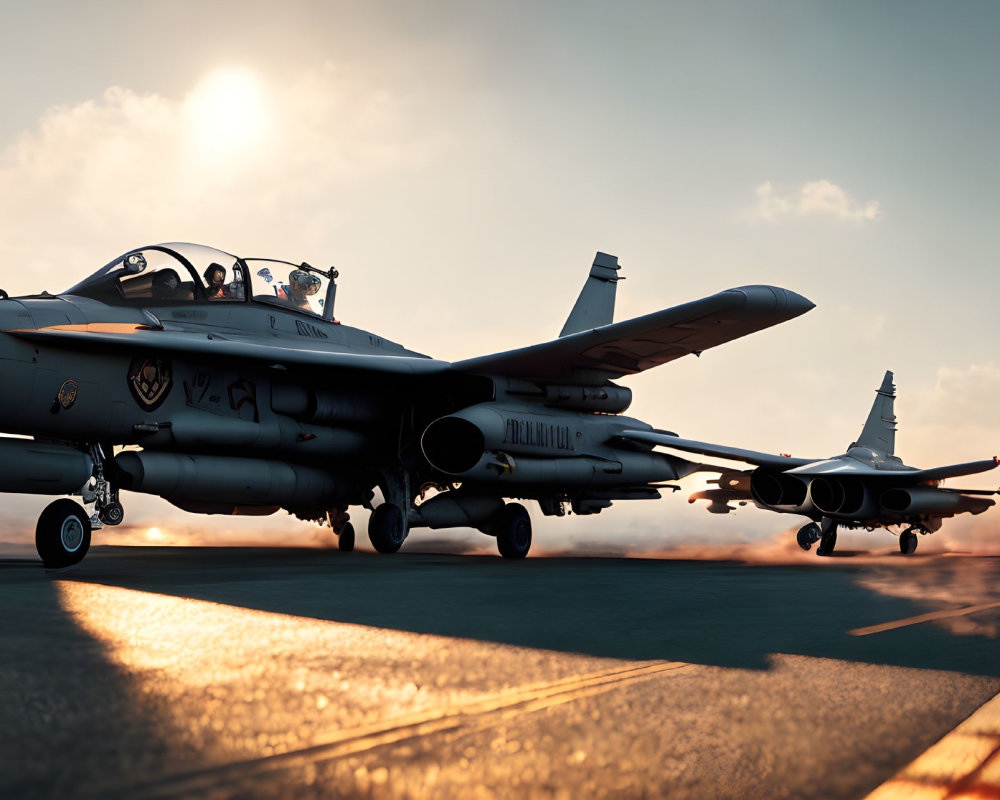 Military fighter jets on airstrip with warm sunset sky